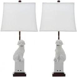 Foo 28 in. White Dog Table Lamp with White Shade (Set of 2) by Safavieh