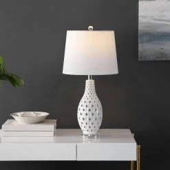 Harlem 25 in. White Table Lamp with White Shade by Safavieh -Safavieh Sales white safavieh table lamps tbl4250b 31 1000