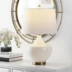 Demra 25 in. White Table Lamp with White Shade by Safavieh -Safavieh Sales white safavieh table lamps tbl4382a 31 1000