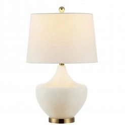 Demra 25 in. White Table Lamp with White Shade by Safavieh -Safavieh Sales white safavieh table lamps tbl4382a c3 1000